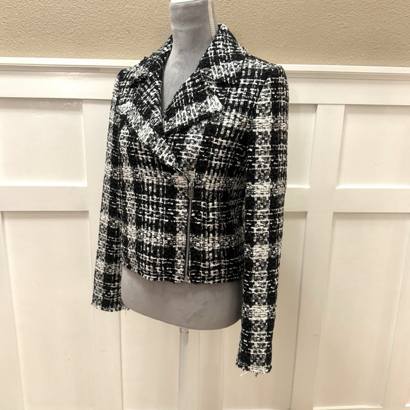 Theory Slim Crop Moto Jacket Blazer Size:2 Black White Rubber Plaid Tweed $565 - Picture 4 of 16